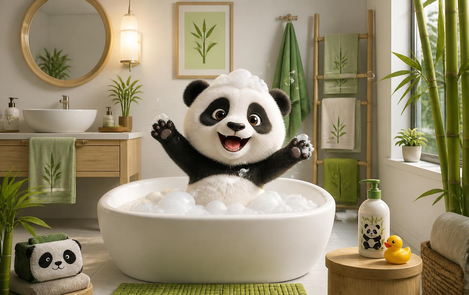 Baby panda laughing in a bubble bath in a bright modern bathroom
