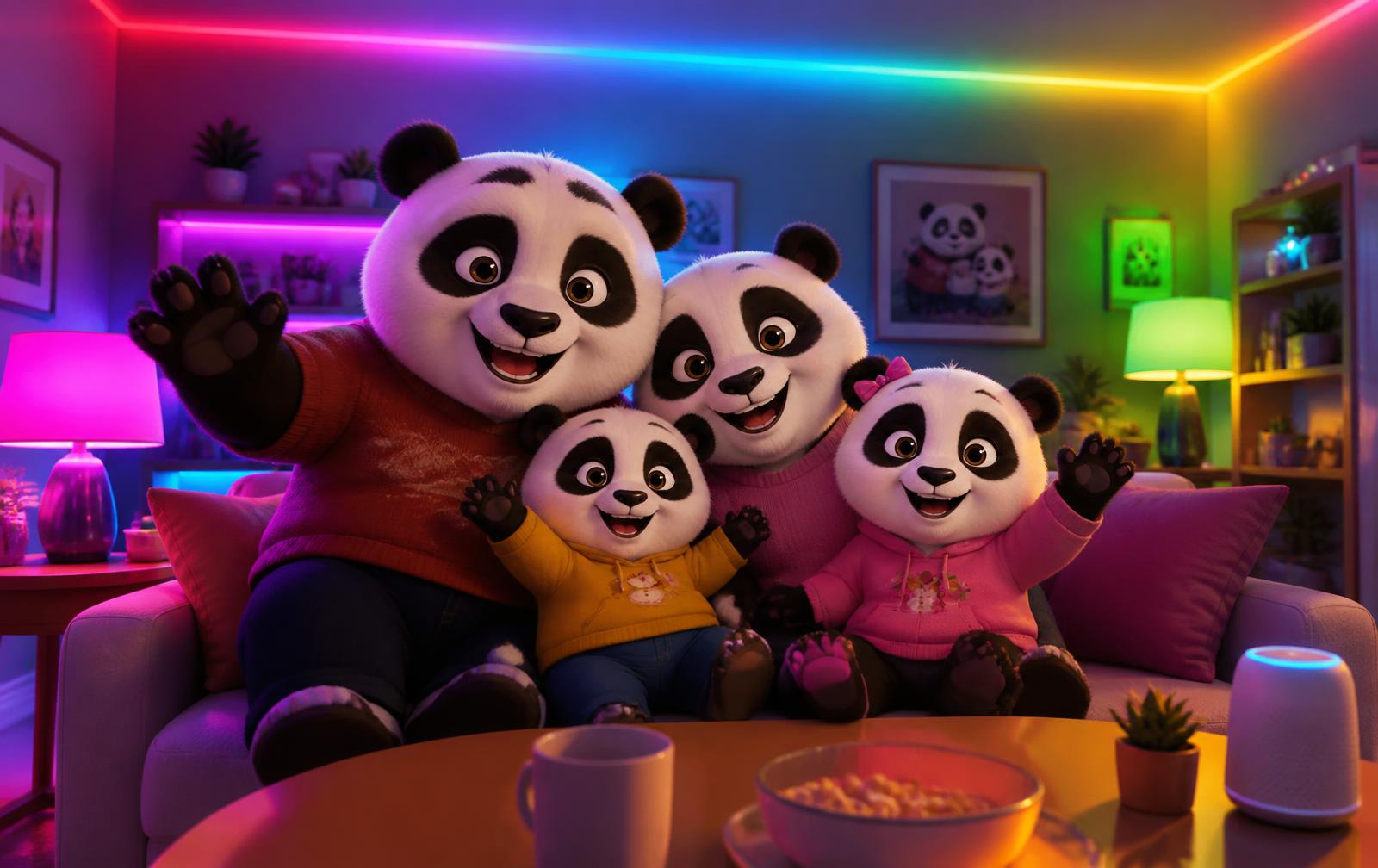 Panda family in a living room glowing with multicolour LED lights
