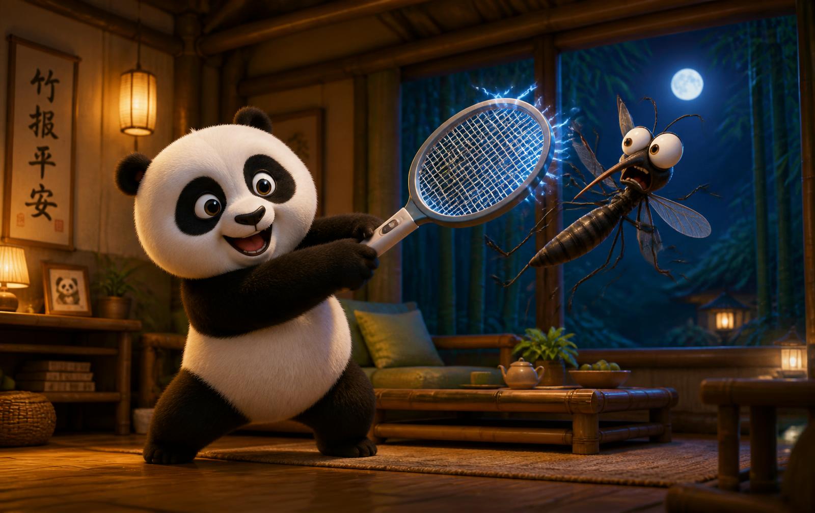 Panda swinging an electric mosquito racquet in a living room at night