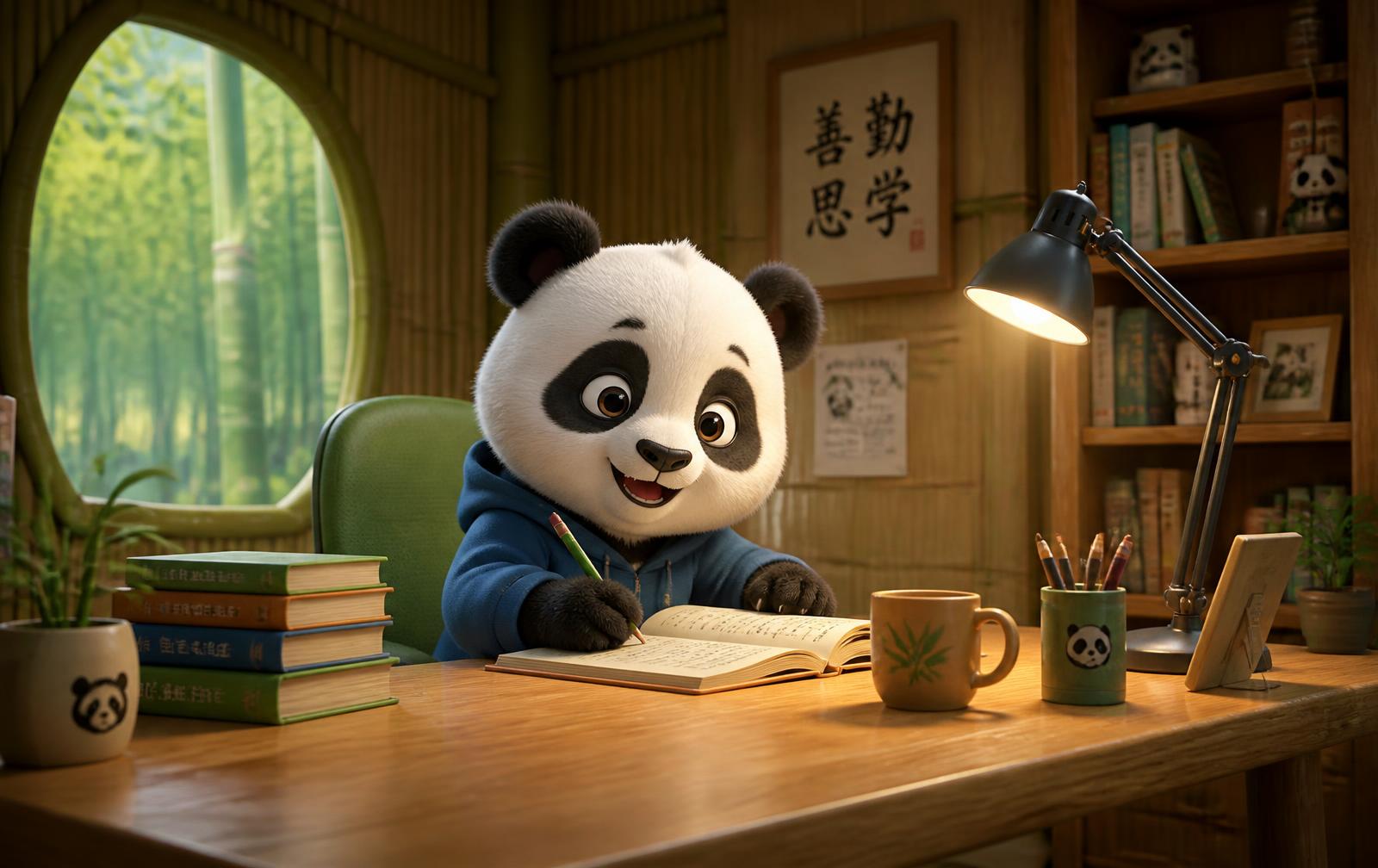Panda studying at a wooden study table with a desk lamp and bookshelf