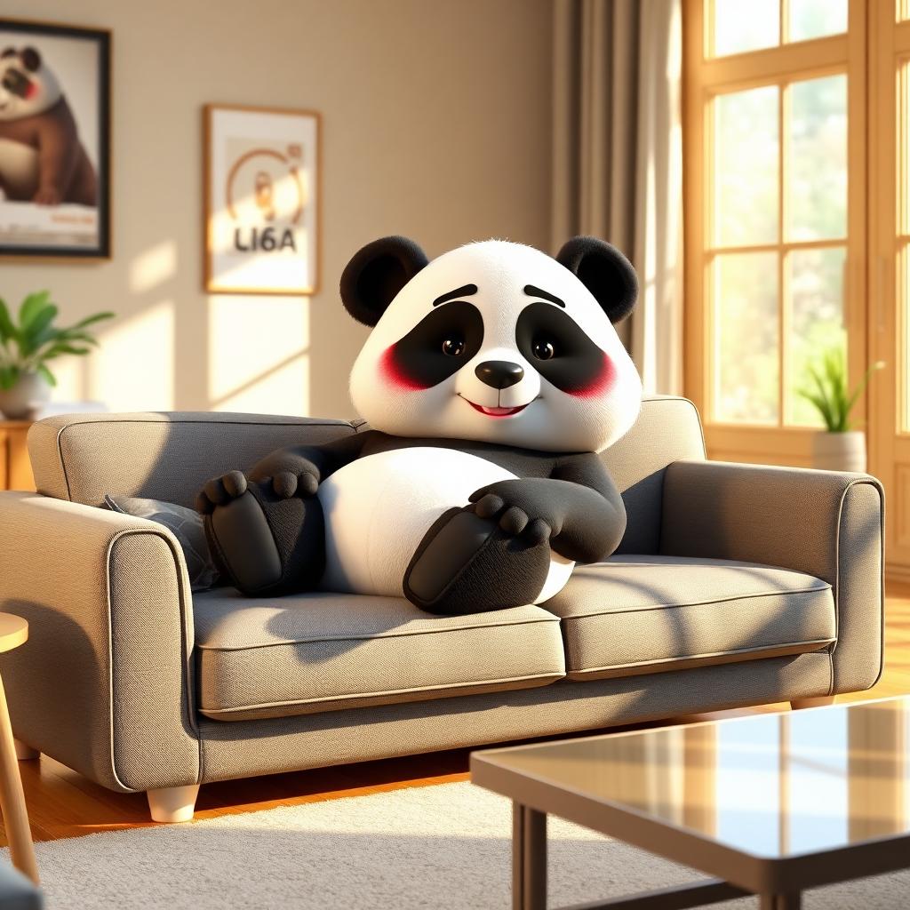 Furnishpanda mascot using the Amara 3 Seater Fabric Sofa in Slate Grey